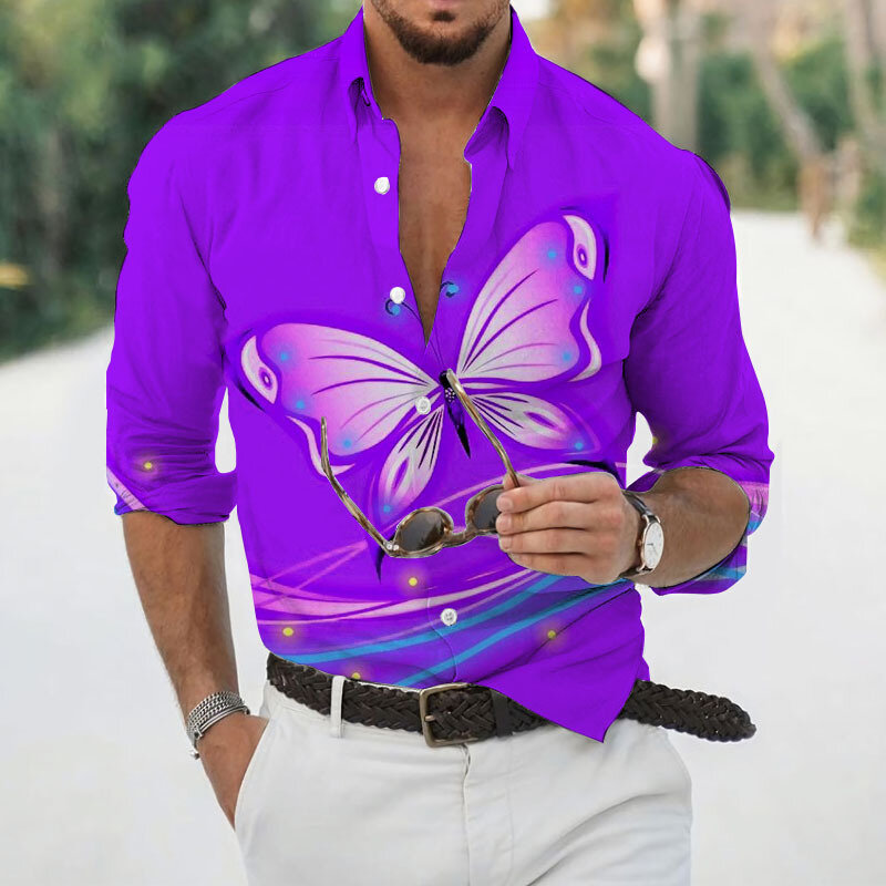 2022 Гавайская Мужская рубашка с длинным рукавом, крутая тонкая футболка с принтом-бабочкой, Мужская одежда, мужские повседневные топы, футбо...