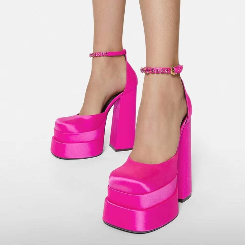 Zapatos de plataforma con punta cuadrada para mujer, calzado de diseñador con diamantes de imitación, sandalias de fondo grueso de Color caramelo, zapatos de boda de lujo para fiesta