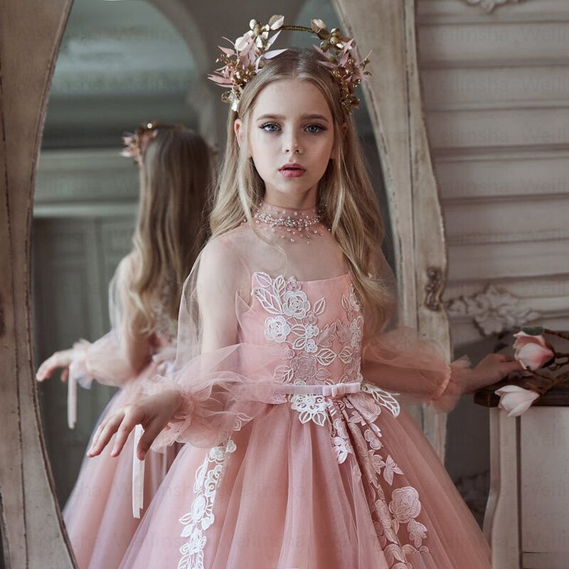 Rosa A Line Fluffy Orange Flower Girl Dresses for Girl Dress 12 anni New Charming Applique Prom Gowns Baby Birthday Dress 2022