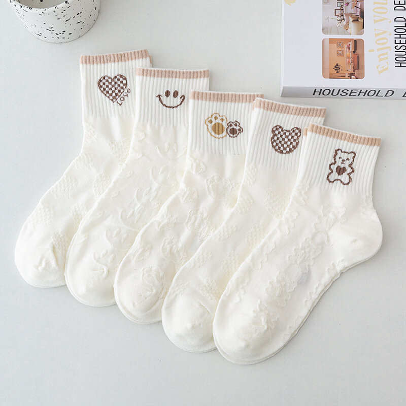 Conjunto de 5 pares de calcetines de algodón y poliéster para mujer, medias de tubo bajo, transpirables, informales, estilo japonés
