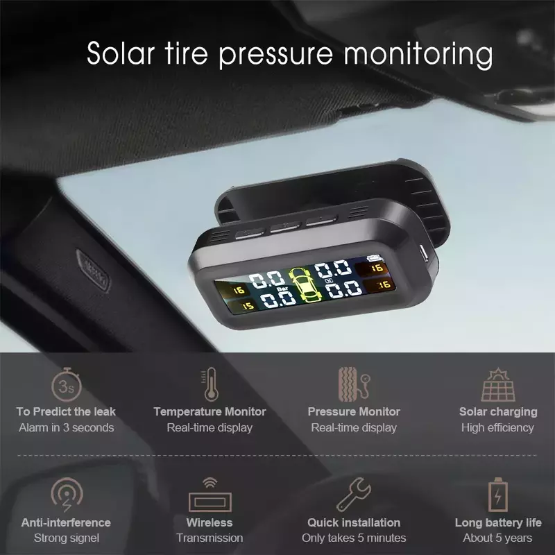 Sistema de control de presión de neumáticos de coche Tpms, alimentación Solar USB, advertencia de temperatura, conexión de parabrisas, Kit de seguridad de conducción automática