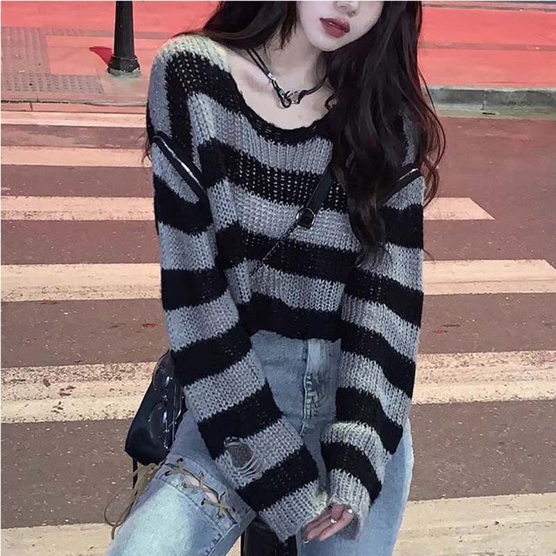 Women's Short Ripped Sweater Off-the-shoulder Zipper Loose Knit Striped Crew Neck Long Sleeve Top Thin Gothic Style Pullover