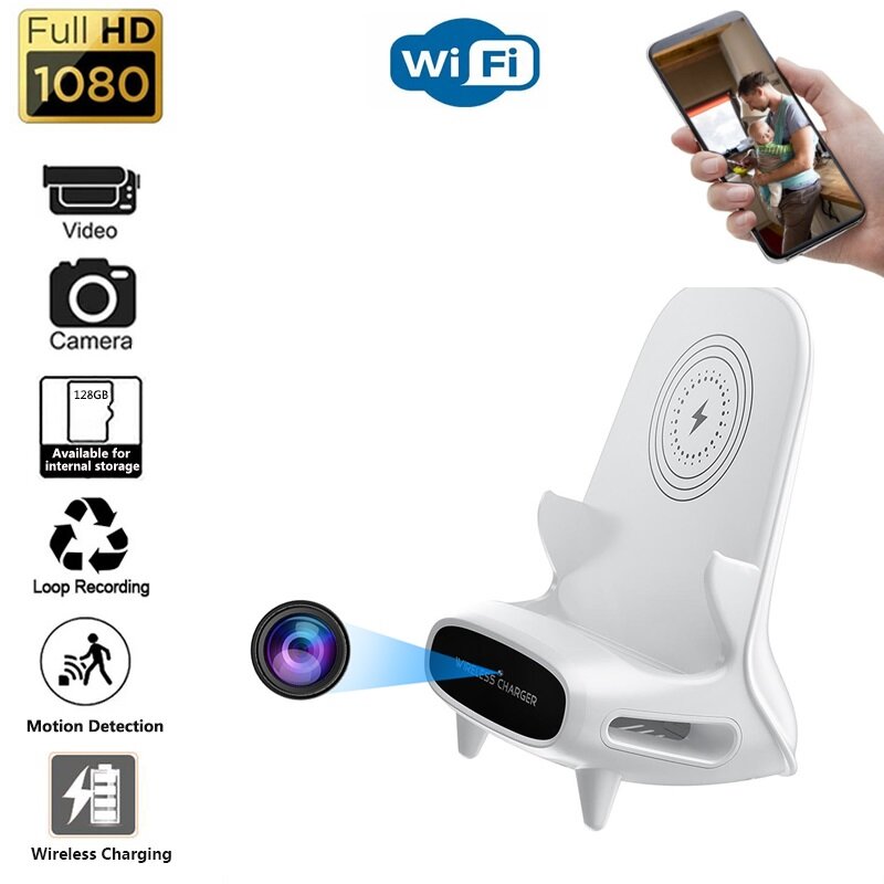 Pengisi Daya Nirkabel 3 In 1 Berdiri Kamera Mini Wifi Pemantauan Jarak Jauh Aplikasi Pemantauan Keamanan Rumah Hidup Penuh HD 1080P Kamera Video