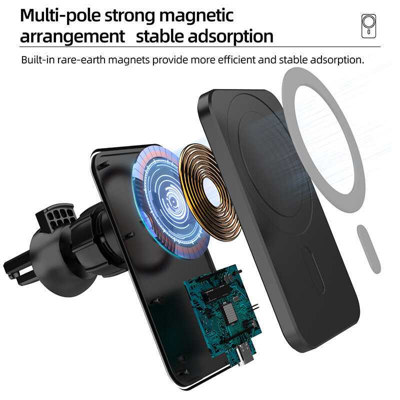 Soporte magnético para cargador de coche, inalámbrico, 15W, para iPhone 12, 13 Pro Max, 12 Mini