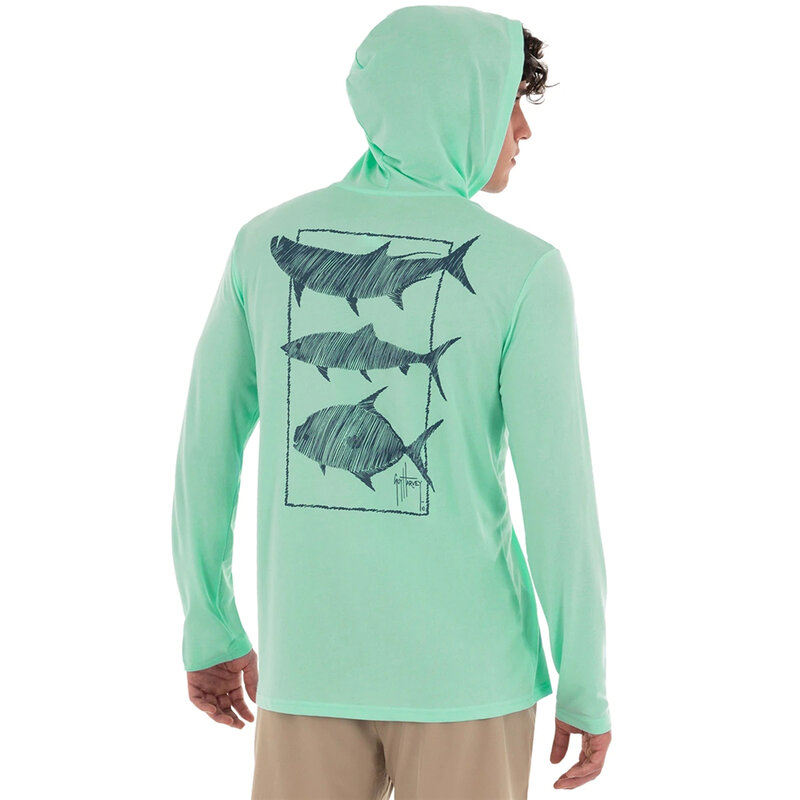 Reef & carretel de pesca vestuário verão ao ar livre manga longa camiseta com capa proteção solar respirável roupas pesca homme peche