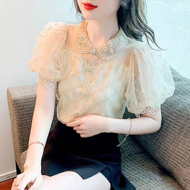 2022 Summer Pullover Lace T-Shirts Womens New Korean Style Fashion Doll Collar Short Sleeve Top Lady