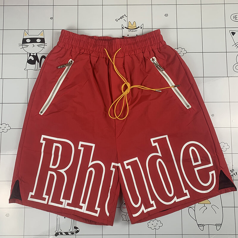 RHUDE กางเกงขาสั้นสบายๆสตรี Big Logo Streetwear กางเกงขาสั้นชายหาด Rhude กางเกงขาสั้น