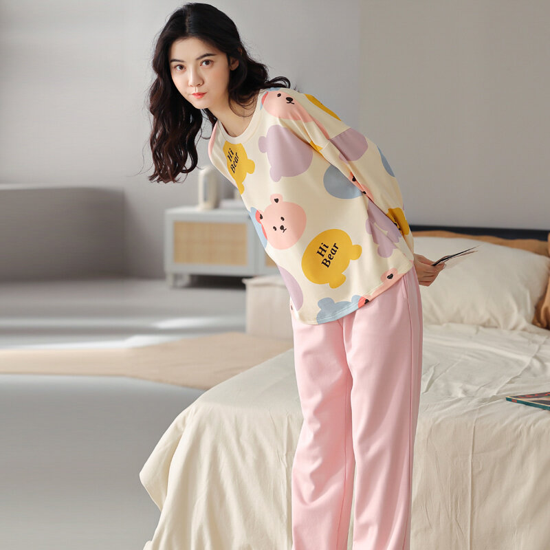 MiiOW Celana Panjang Lengan Panjang Katun Beruang Kartun Cantik Piyama Pakaian Santai Musim Gugur dan Dingin Setelan Pakaian Rumah Wanita