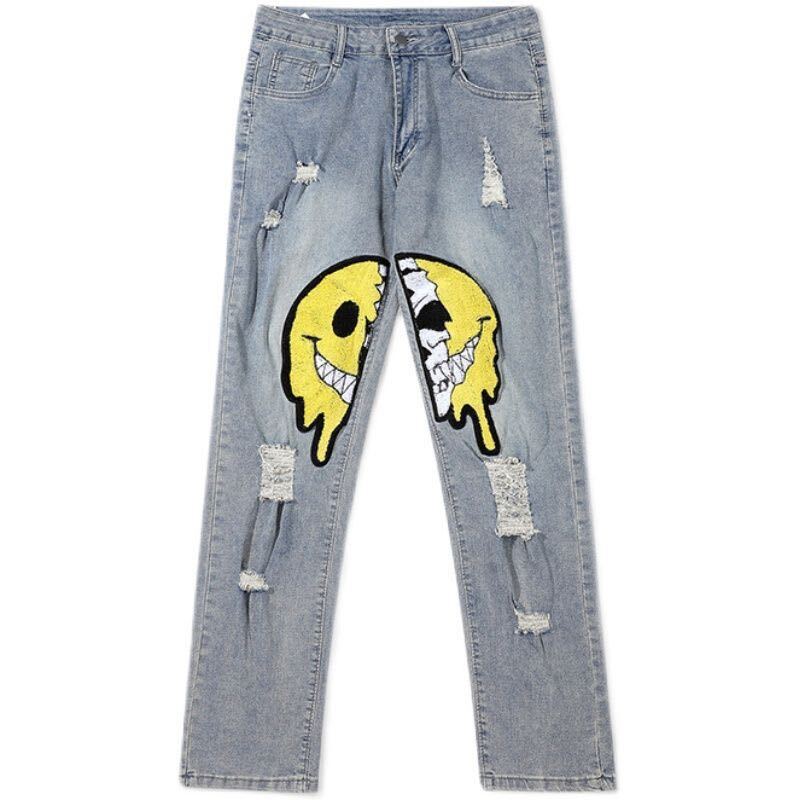 New Jeans American Street Smiley Embroidered Flocking Jeans, Men's High Street Hip Hop Hole Distressed Straight Washed Trousers