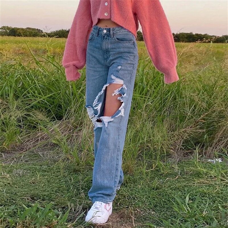 Vintage Baggy Ripped Jeans Women Fashion 90s Loose Wide Leg High Waist Straight Pants Y2k Washed Blue Denim Trousers Streetwear