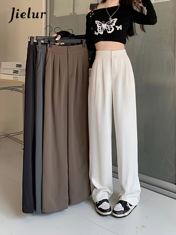 Jielur-pantalones de traje holgados para mujer, pantalón de pierna ancha con dos botones, sencillo, negro, albaricoque, informal, coreano, novedad de otoño, S-4XL