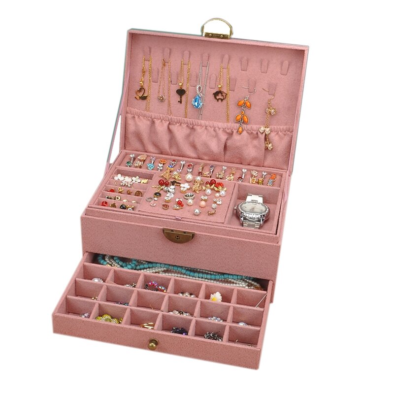3-Layes kotak penyimpan perhiasan, kotak perhiasan kapasitas besar dengan kunci kalung anting-anting pemegang tampilan kotak penyimpanan