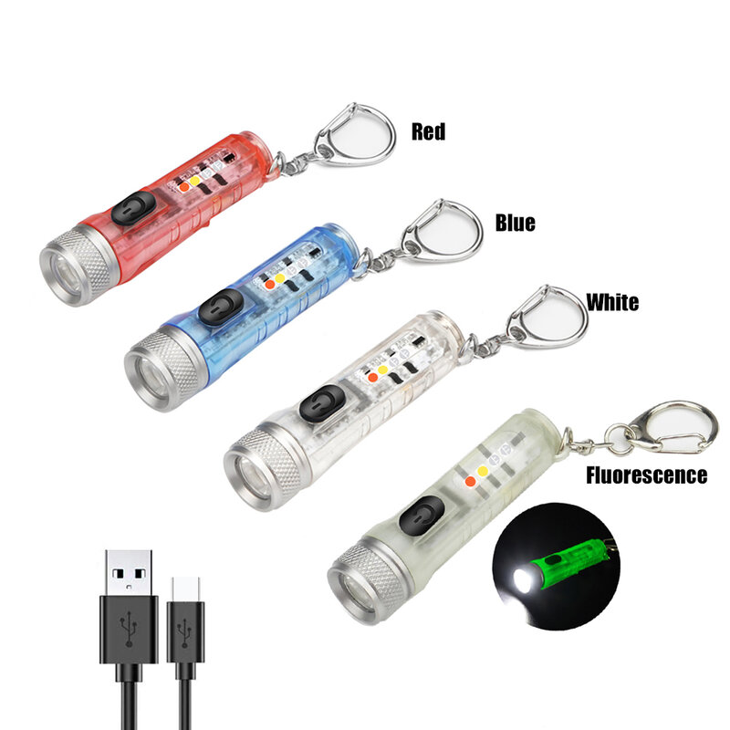 Mini llavero de bolsillo con hebilla, linterna de luz LED EDC recargable por USB, lámpara portátil impermeable para emergencia