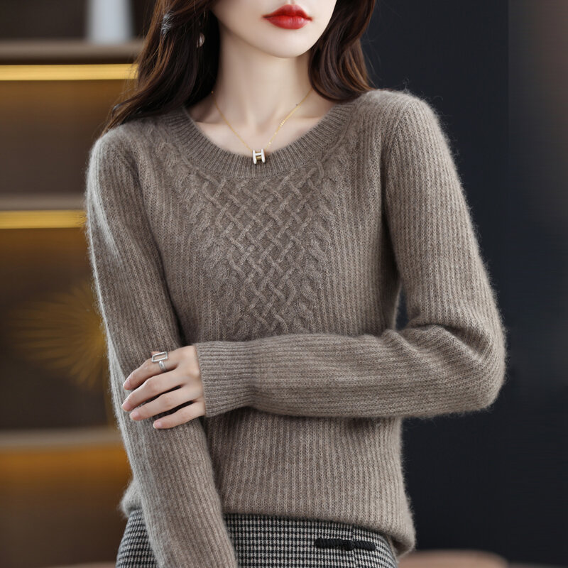 Suéter Jacquard de cuello redondo para mujer, suéter de lana con Base gruesa, holgado y cómodo, para otoño e invierno, Australia