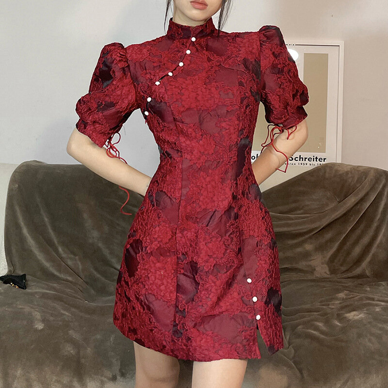 Traditional Chinese Elegant Cheongsam Vintage Red Evening Dress Women Fashion Retro Qipao Bodycon Sexy Slim Luxury Party Dress