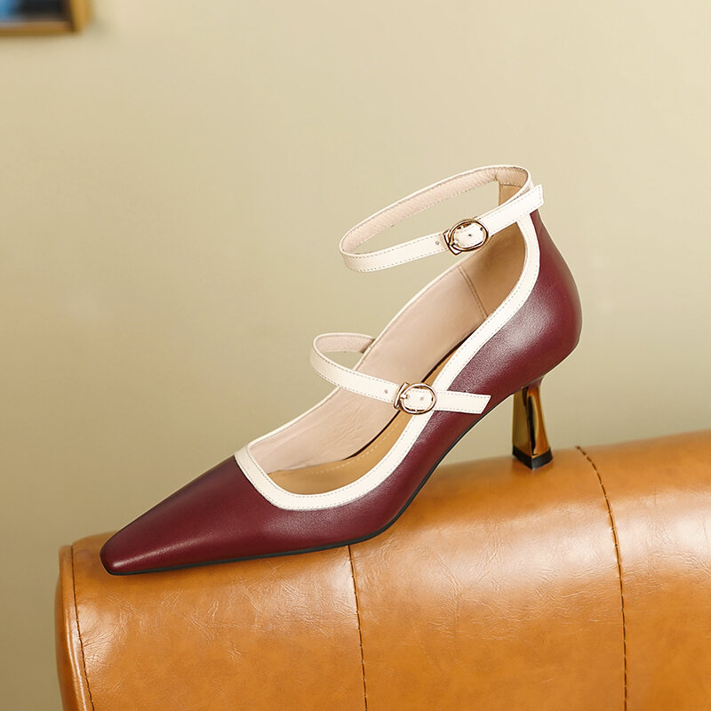Zapatos de tacón de cuero natural para mujer, calzado de cuero de vaca de 22-2022 cm, con hebilla en el tobillo, para Primavera, 24,5