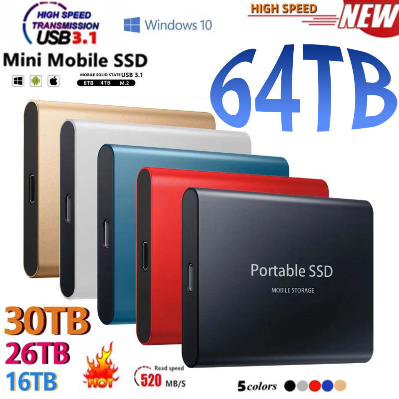휴대용 SSD C타입 USB 3.1, 노트북 데스크탑용 외장 SSD M.2, 4TB, 6TB, 16TB, 30TB, 하드 드라이브