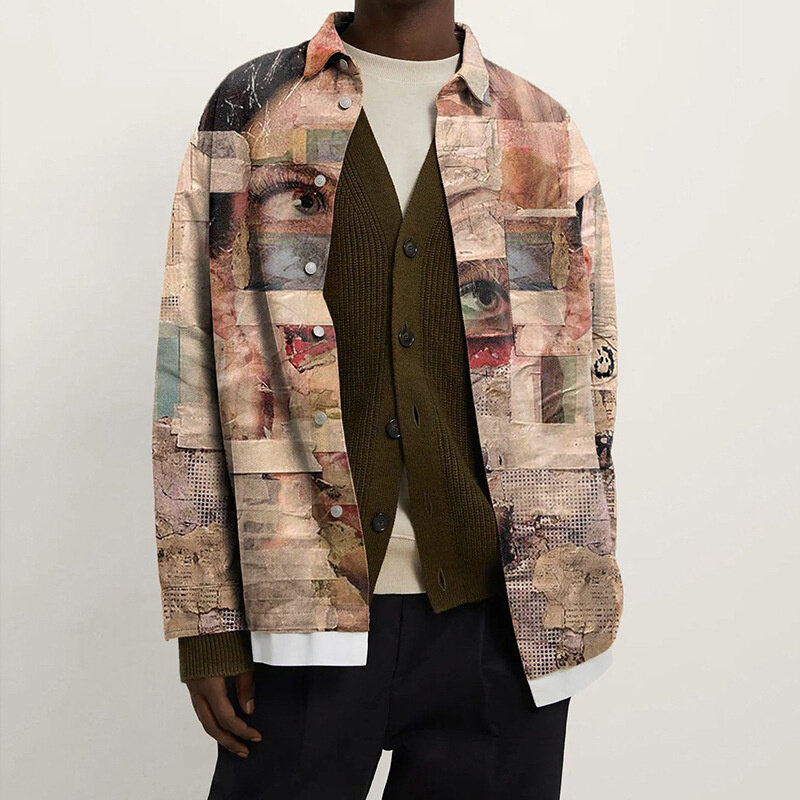Jaqueta Masculina koszula Vintage kurtki dla mężczyzn nadrukowane Graffiti klapy Streetwear patchworkowa, w stylu Harajuku kurtka mężczyźni