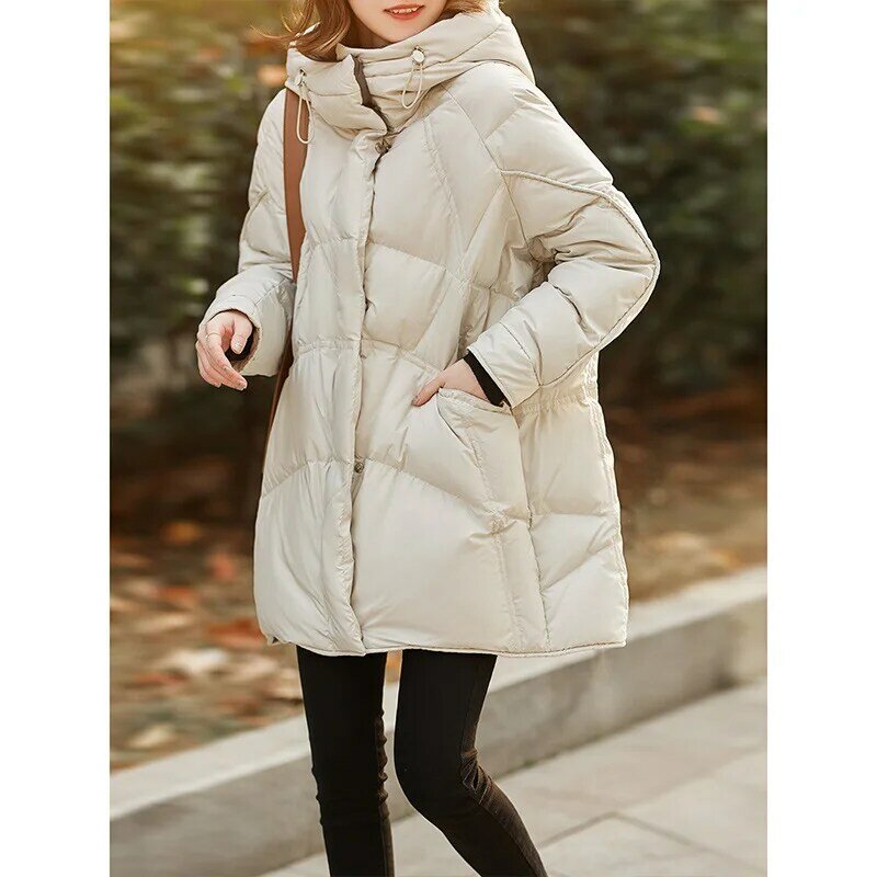 여성 90% 후드 다운 재킷 화이트 덕 중간 길이 부드럽고 따뜻한 겨울 빛 구름 누에 고치 유형 양면 이색