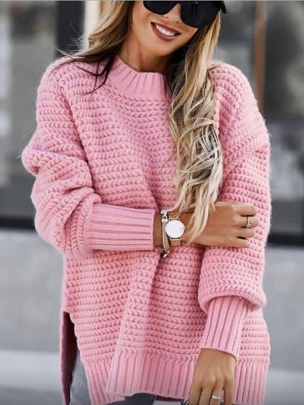 Suéter feminino knitted, gola mock, solto, quente, elegante, manga bat, side lateral, para outono e inverno