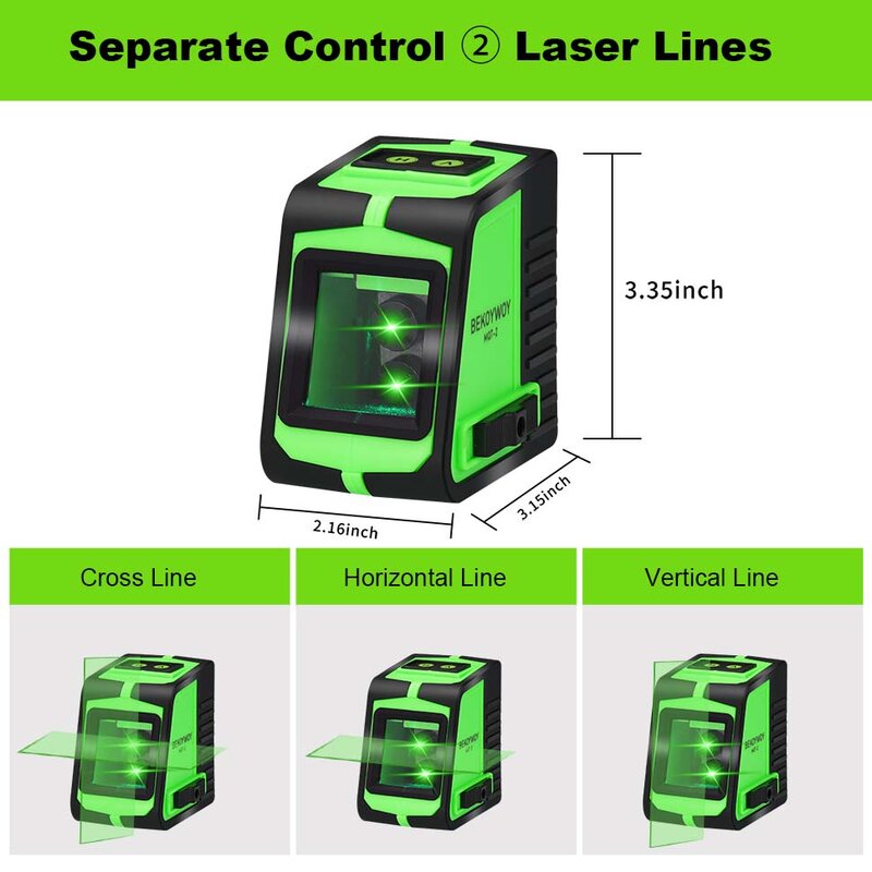 BEKOYWOY-Nivel láser de haz verde, Láser de línea cruzada con módulo láser Dual, con Base magnética de 360 °, batería incluida (MQT-2)