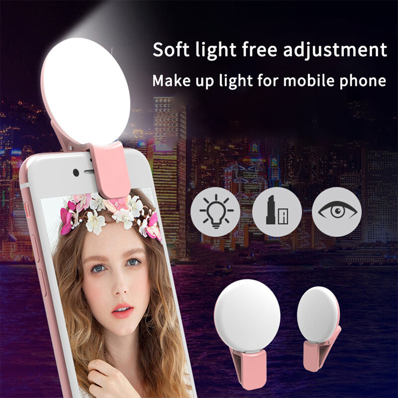 محمول صغير Selfie مصباح مصمم على شكل حلقة LED فلاش الهاتف عدسة ضوء USB قابلة للشحن مشبك هاتف خلوي ملء مصباح النساء Selfie أضواء حلقة