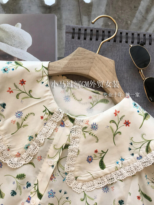 Women Sweet Blouse Short Sleeve Beach Party White Shirts Puff Sleeve Aesthetic Floral Print Peter Pan Collar Crop Tops Summer