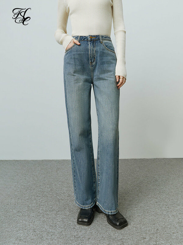 FSLE-pantalones vaqueros rectos Retro versátiles para mujer, pantalón informal de cintura alta, diseño de estilo clásico, 2022