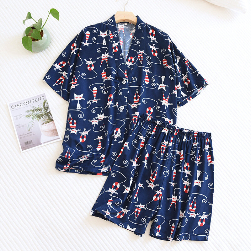Ensemble pyjama imprimé Floral pour femme, vêtements de nuit, Kimono, col en v, en coton, décontracté, court, pour la maison, à manches courtes