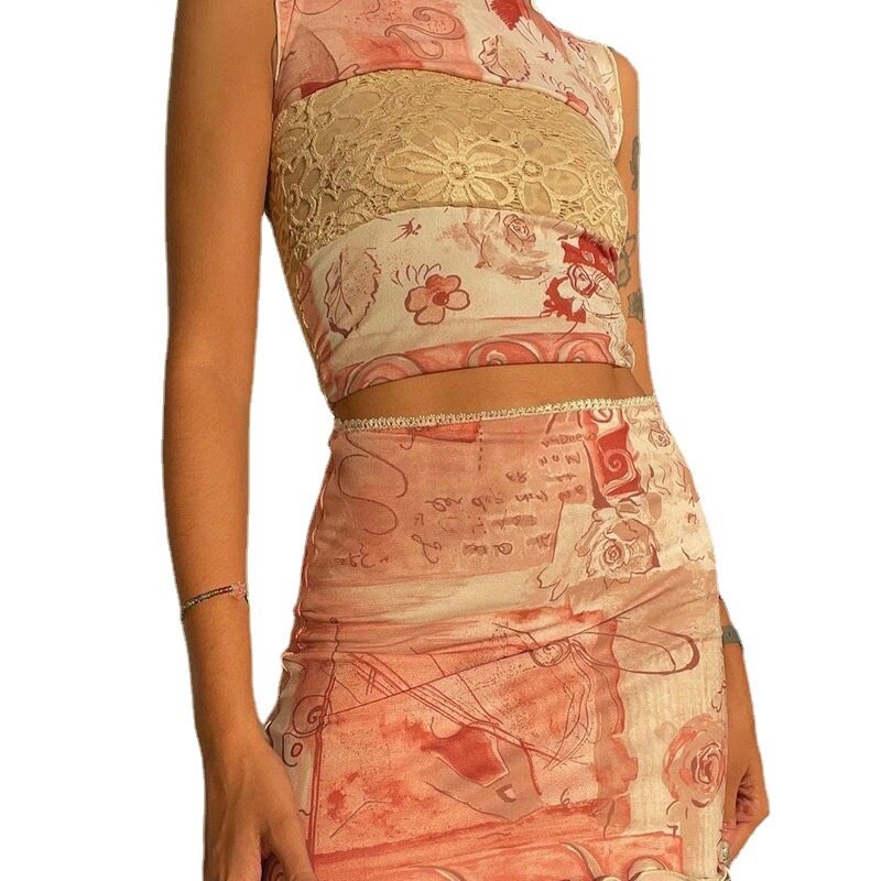 여자 2022 새로운 패션 여름과 가을 섹시 스커트 양복 인쇄 2 조각 세트 파티 클럽 우아한 스커트 o-넥 짧은 드레스 세트