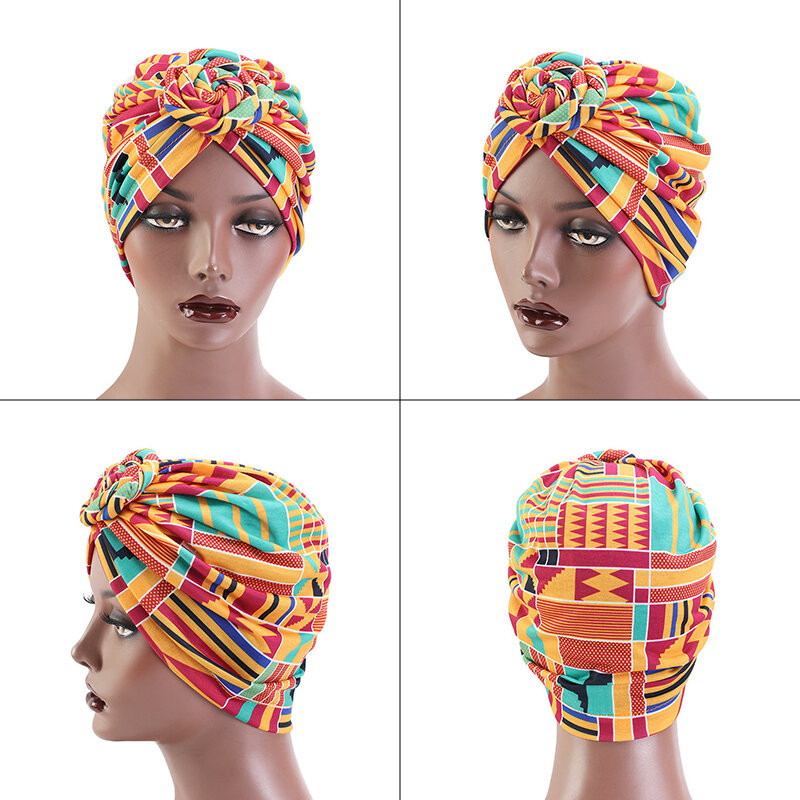 African Print Wowen Knot Headwrap Pre-Tied Knotted Turban Bonnet Satin linned Beanie Headscarf Cap Headwear Hair Accessories