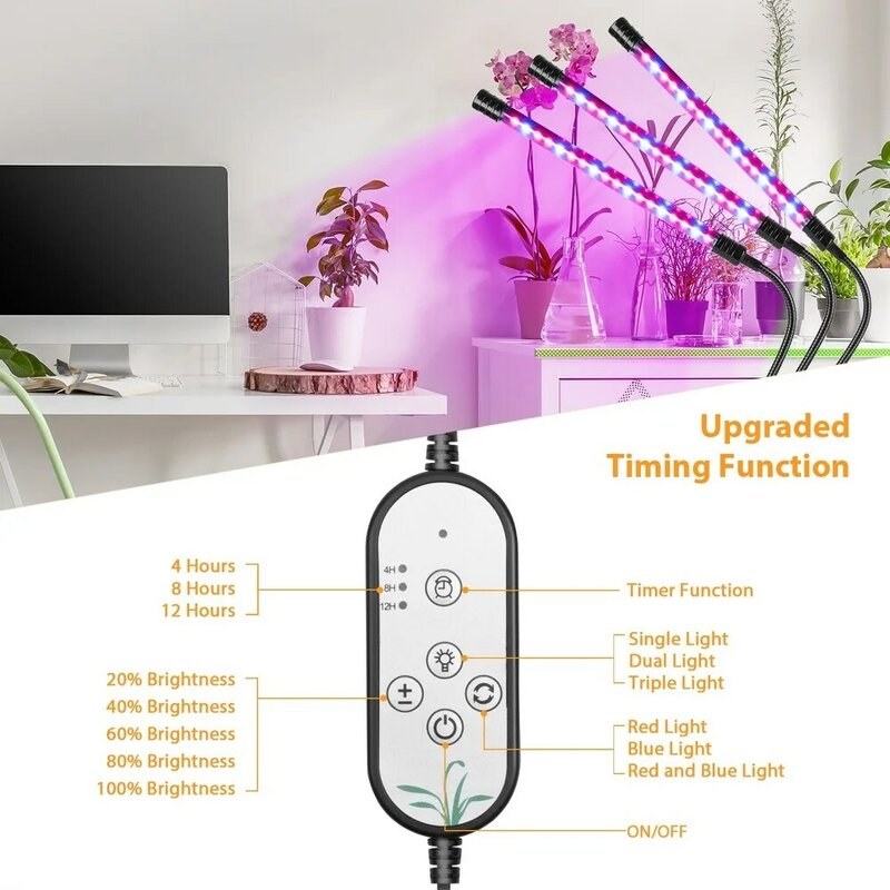 Lampu Tumbuh 5V USB Spektrum Penuh Lampu Fitolamp Empat Kepala untuk Bibit Tanaman Bunga Sayuran Dalam Ruangan Tumbuh Merah dan Cahaya Biru
