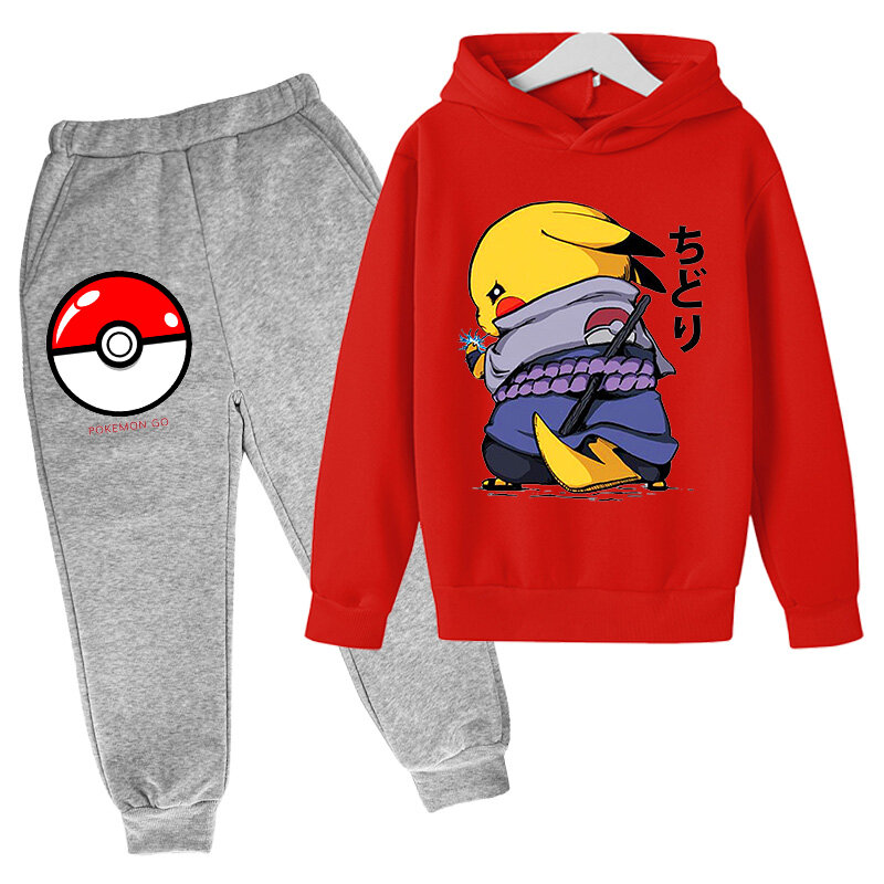 2021 novas crianças pikachu moletom pokemon terno de duas peças com capuz e calça conjunto 4-14 anos de idade meninos roupas conjunto setautumn