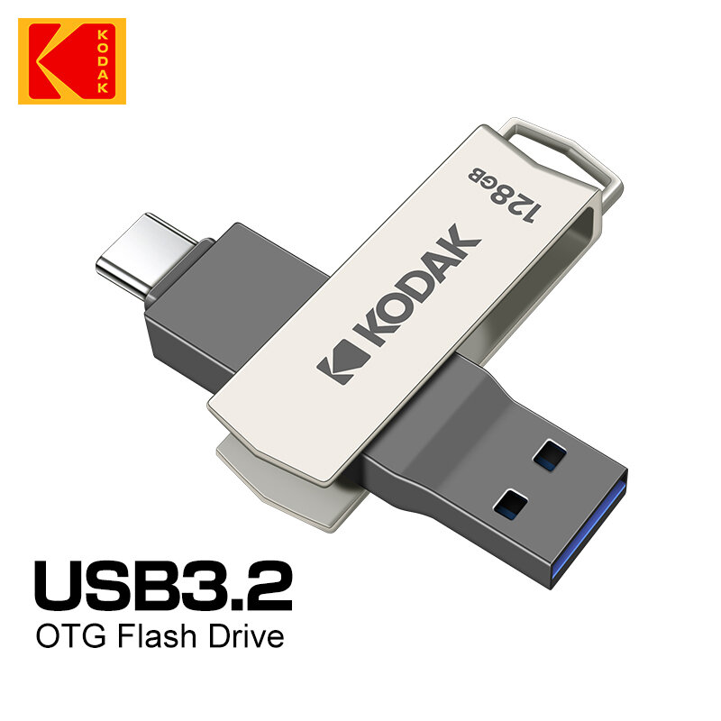Kodak-unidad Flash USB 3,2 de Metal, Pendrive de 64GB, 128GB, tipo c, OTG, 256GB, landyard, para llaves, para teléfono inteligente