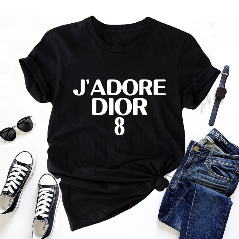 2022 여성 티셔츠 여름 J'adore 번호 8 그래픽 티셔츠 캐주얼 반팔 레터 프린트 티셔츠 o-넥 유니섹스 y2k 의류 탑스