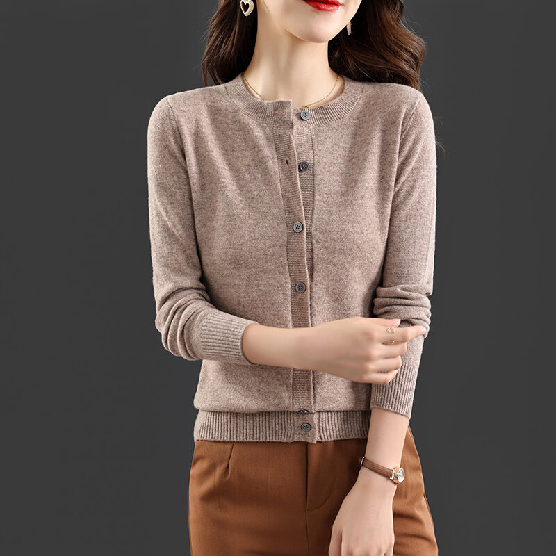Pure Wool Cardigan Women's round Neck Short Long-Sleeved Knitted Top 2022 Autumn and Winter New Simple Solid Color Sweater Coat