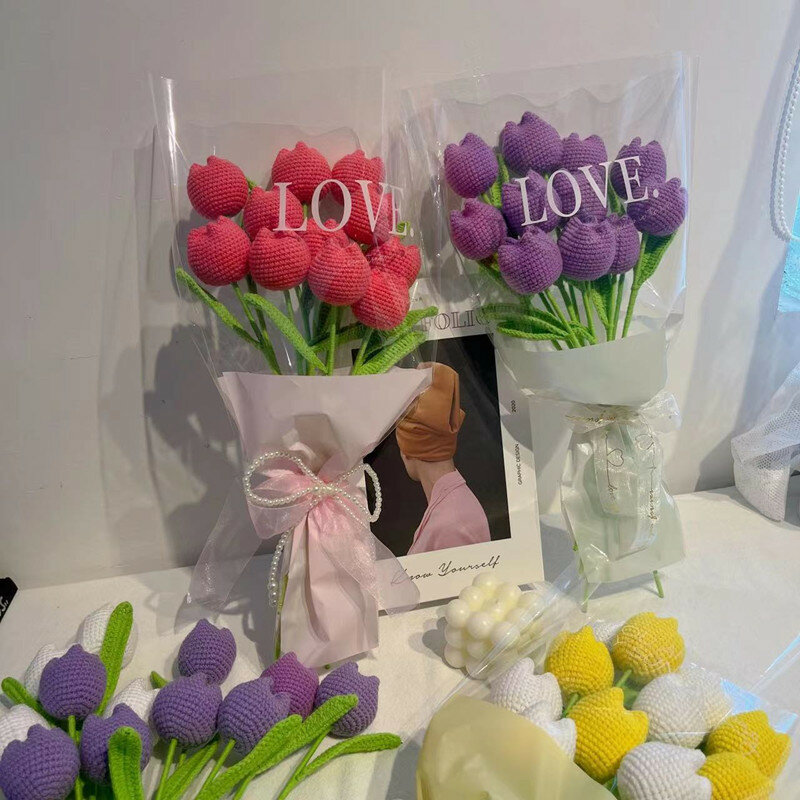 1 Buah Rajutan Bunga Mawar Tulip Bunga Palsu Buket Dekorasi Pernikahan Tenunan Tangan Meja Rumah Menghias Kreatif Buket Rajut