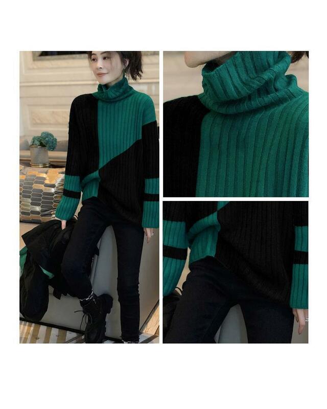 Contrast color turtleneck sweater women pullover fashion temperament soft waxy autumn and winter long sleeve pullover sweater