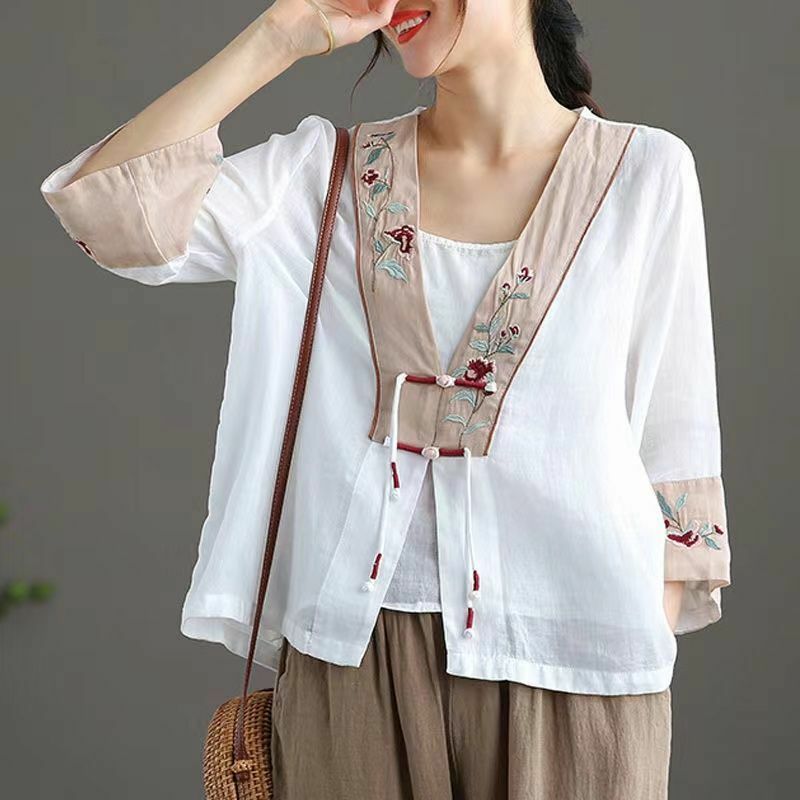 Женский тонкий кардиган с вышивкой, свободная рубашка в традиционном китайском стиле с полурукавами и V-образным вырезом, лето