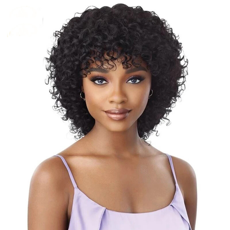 Pelucas de cabello humano brasileño 100% para mujeres negras, 12 pulgadas, corto, negro, marrón, reflejos, rizos de onda completa, con flequillo