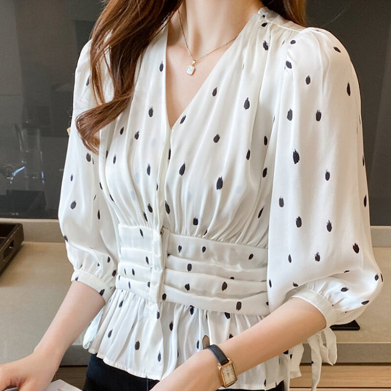 Ponto de onda chiffon camisa feminina primavera outono elegante temperamento rendas até 5 manga camisa plissada cintura fina curto topo 881h, 330-3