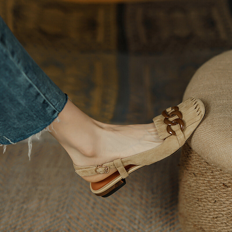 Sandalias de ante de oveja para mujer, zapatos con correa trasera y borla de cabeza cuadrada, parte superior de cuero, 22-25cm, novedad de verano, 2022
