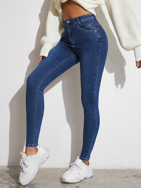 Okuohao – jean Slim taille haute en Denim pour femme, pantalon Slim élastique, bleu, crayon de lavage