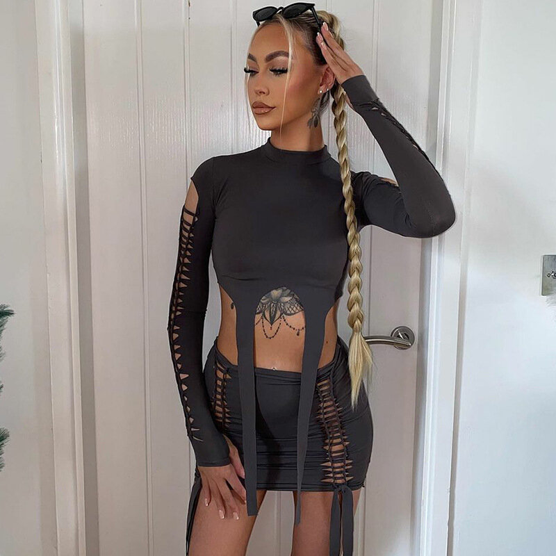 Women Bandage Sexy Y2K Clothes 2 Piece Skirt Set Hollow Out Long Sleeve Crop Top High Waist Mini Skirts Suit Club Streetwear