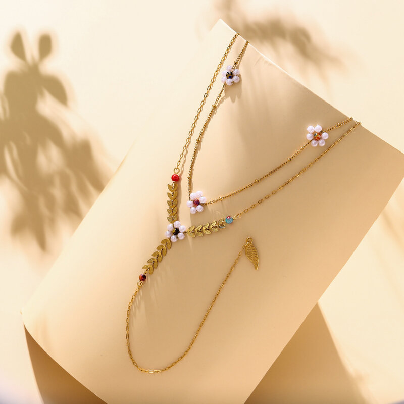 Fashion Trend acciaio inossidabile elegante delicato doppio strato oro grano orecchio perla clavicola collana gioielli da donna regalo per feste