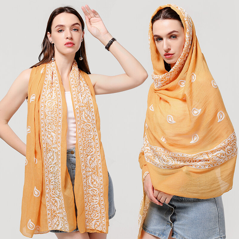 Luxe Katoenen Sjaal Vrouwen Hijab Moslim Hoofdband Wrap Sjaals Solid Paisley Borduurwerk Bandana Mode Hoofddoek 180*90Cm Foulard