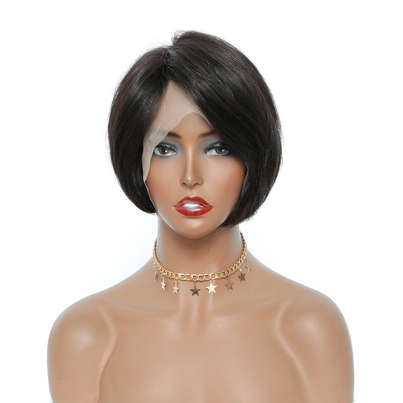 Peluca de cabello humano para mujer, postizo de encaje transparente, corte Pixie, corte Pixie, parte en T