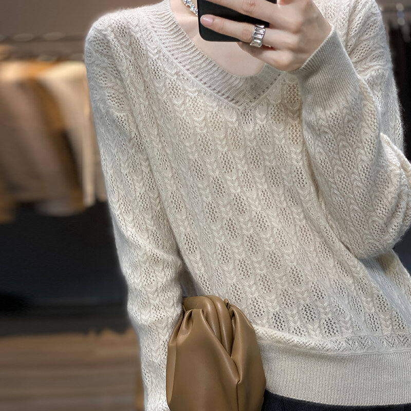 새로운 가을 겨울 v 넥 중공 울 스웨터, 여성 느슨한 바닥 셔츠 풀오버 슬림 스웨터 긴 소매 조커