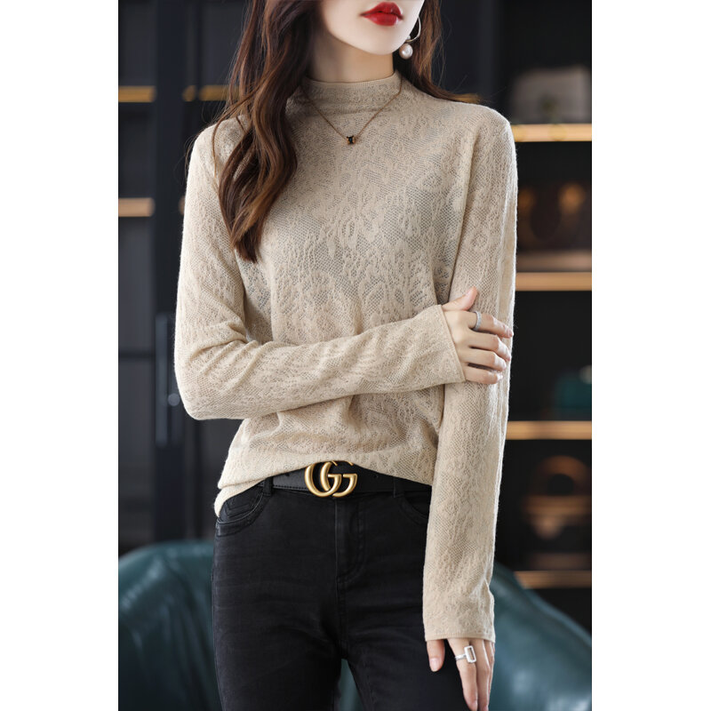 Early Spring And Autumn New Hollow Wool Sweater Women's Semi-high Neck Solid Color Sexy Lace Long Sleeve Knitted Bottom Shirt