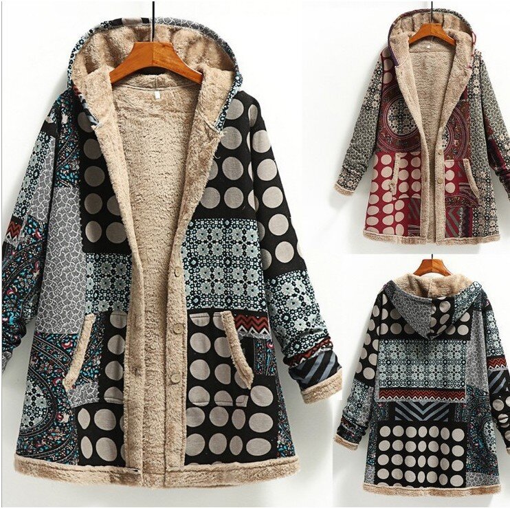 2022 inverno do vintage feminino casaco quente impressão grosso velo com capuz jaqueta longa com bolso senhoras outwear solto casaco para mulher